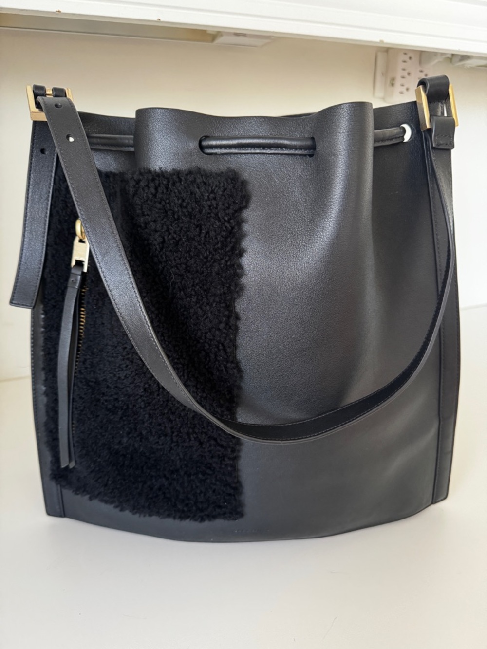 AllSaints Black Leather & Shearling Panel Bucket Shoulder Bag